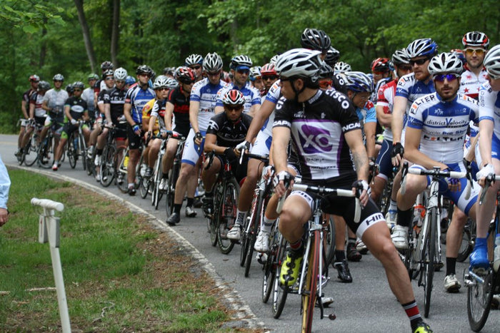 Cycling race with multiple cyclists on a road surrounded by trees